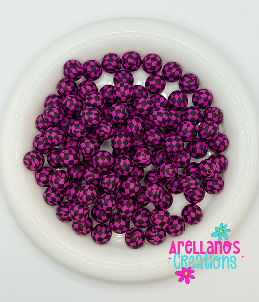 SP-225 Super Hot Pink Checkered Silicone Beads (1ct)