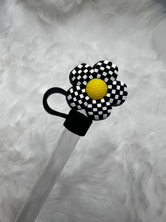 3D Black daisy checkered flower straw topper (PVC)