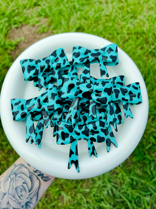 #44 turquoise bow cow print shy large bow focal OR straw topper