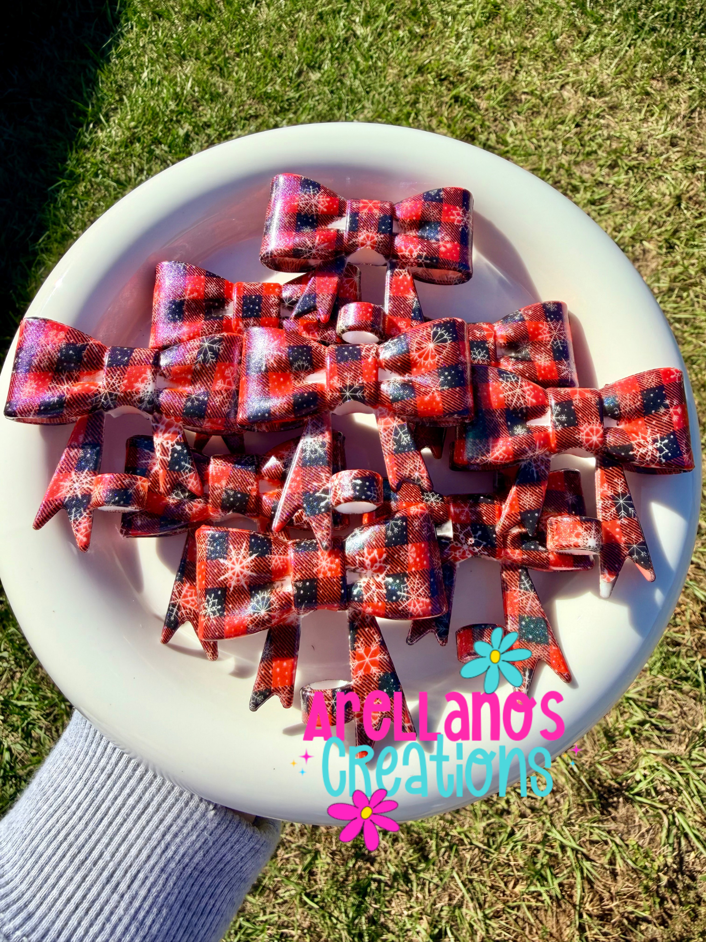 #167 Red buffalo plaid shiny large bow straw topper