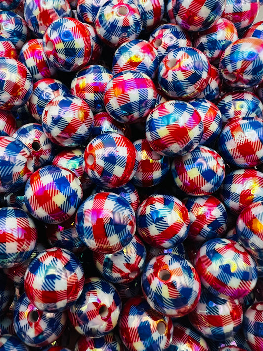 15mm red white & blue plaid acrylic beads