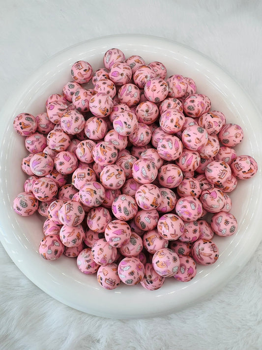 15mm pink groovy printed silicone beads
