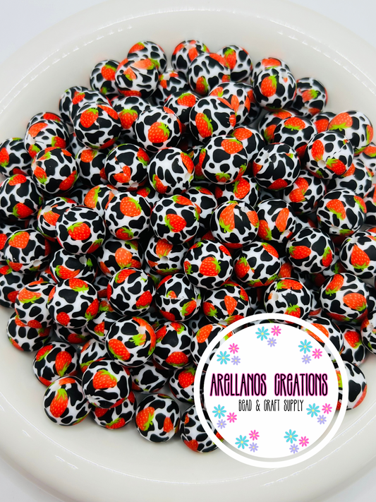 15mm strawberry cow printed silicone beads EXCLUSIVE