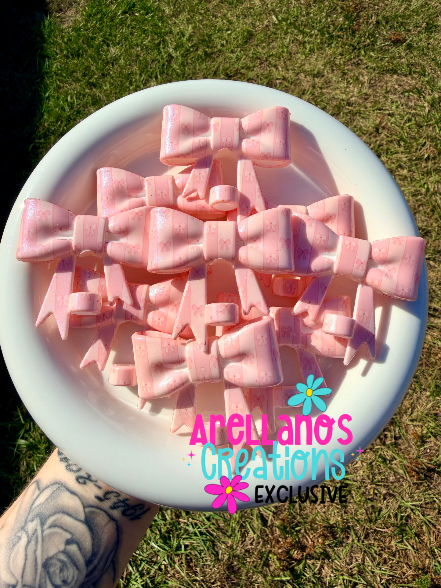 #169 pink coquette bow stripe large shiny bow straw topper EXCLUSIVE