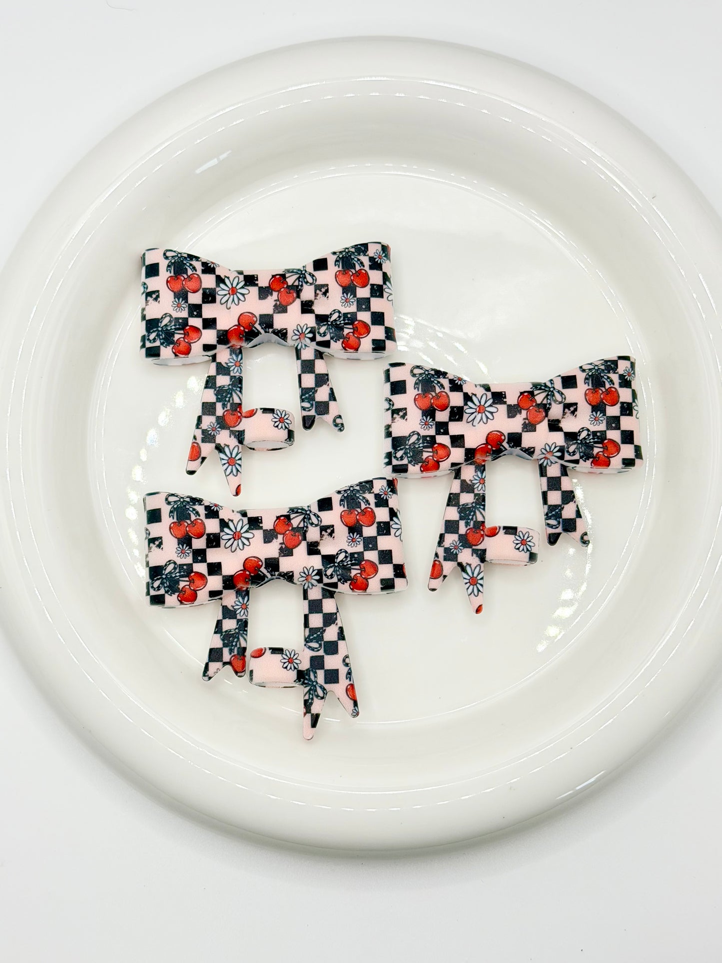 #412 Cherry Check Pop large bow straw topper (1ct)