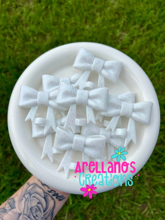#61 white glitter large bow straw topper