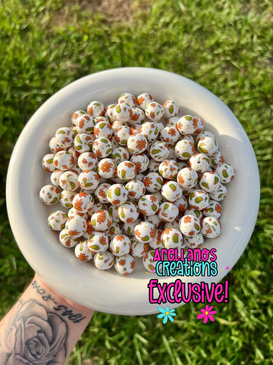 15mm burnt orange daisy & pickles printed silicone beads EXCLUSIVE