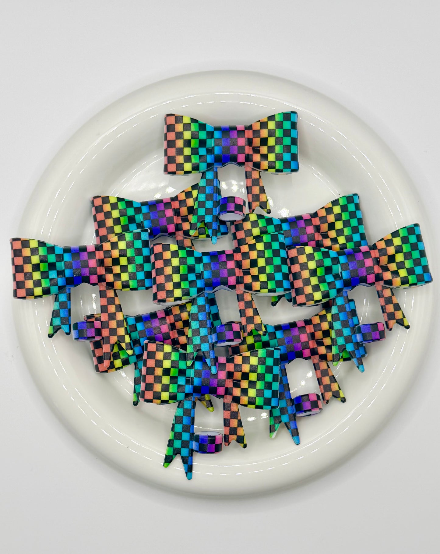 #386 Neon Rainbow Checkered large bow straw topper (1ct)