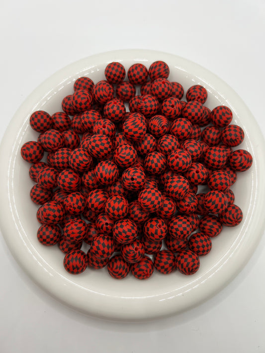 15mm red & black checkered silicone beads