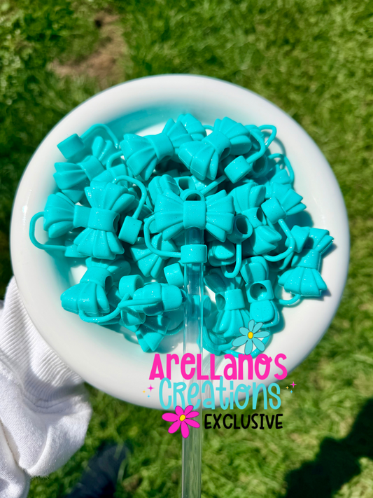 3D GLITTER turquoise ribbed bow STRAW TOPPER EXCLUSIVE