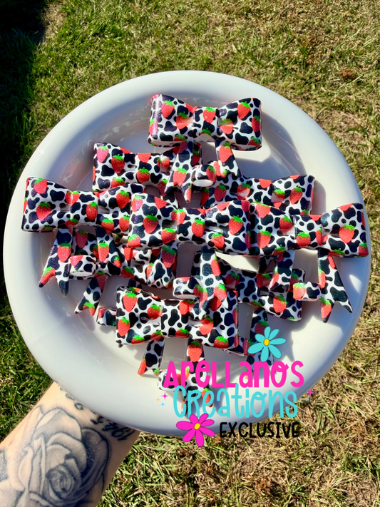 #172 strawberry cow print large shiny bow straw topper EXCLUSIVE