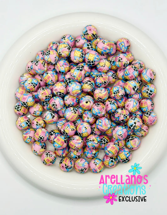 15mm Girly Cow Print Patchwork Silicone Beads (1ct) EXCLUSIVE