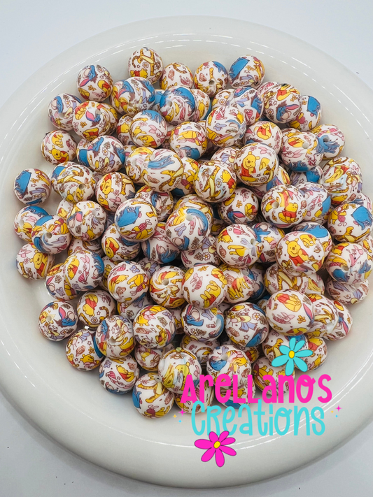 15mm bear & friends printed silicone beads