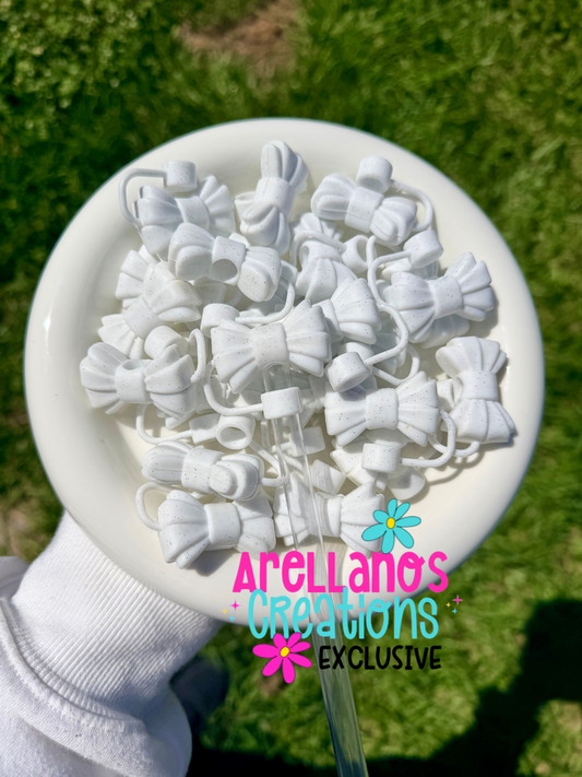 3D GLITTER white ribbed bow STRAW TOPPER EXCLUSIVE