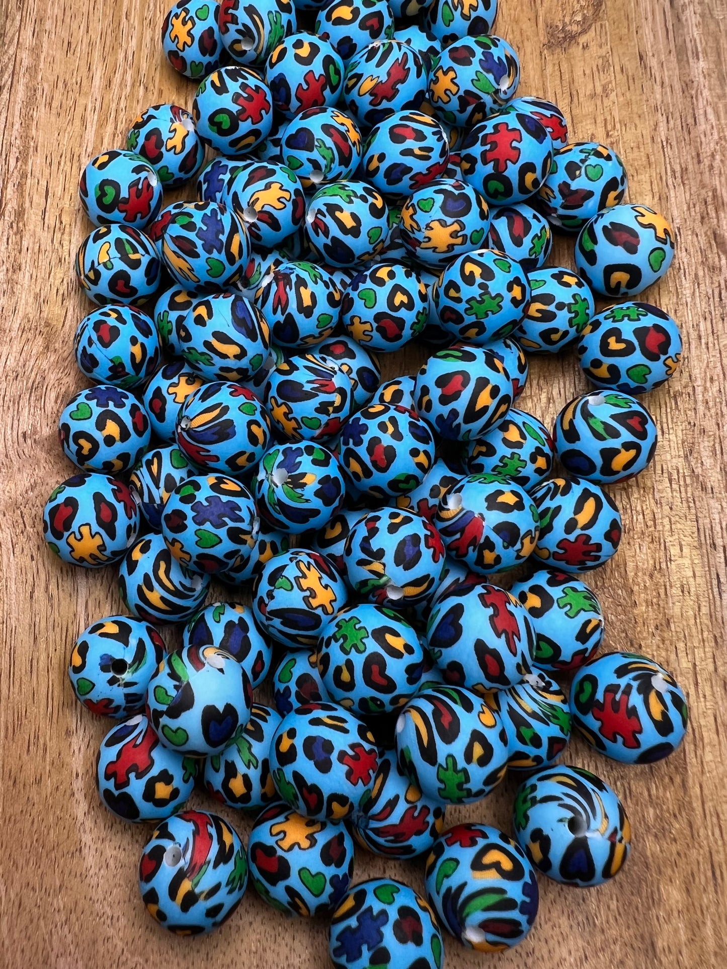 Blue Cheetah Autism Awareness 15mm silicone beads (sold individually)