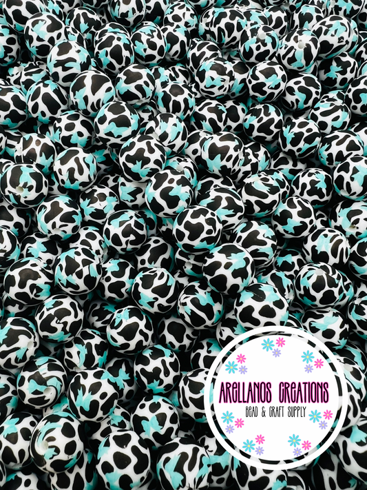 15mm turquoise bow cow print silicone beads EXCLUSIVE