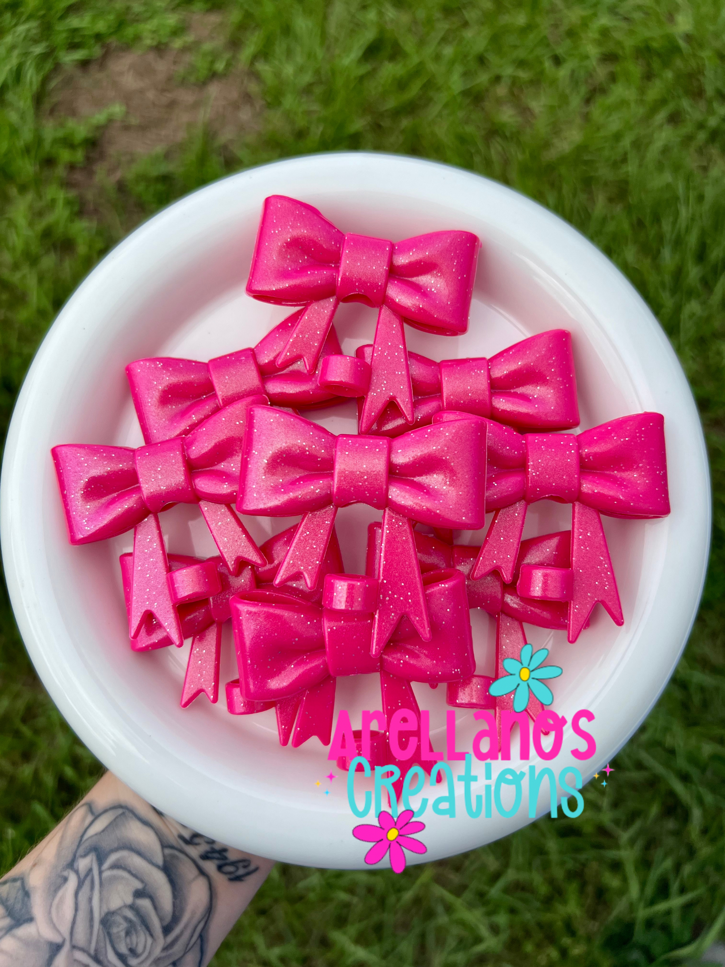 #58 hot dazzling pink glitter large bow straw topper