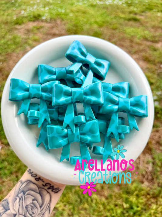 #124 blue & teal cow print large shiny bow straw topper