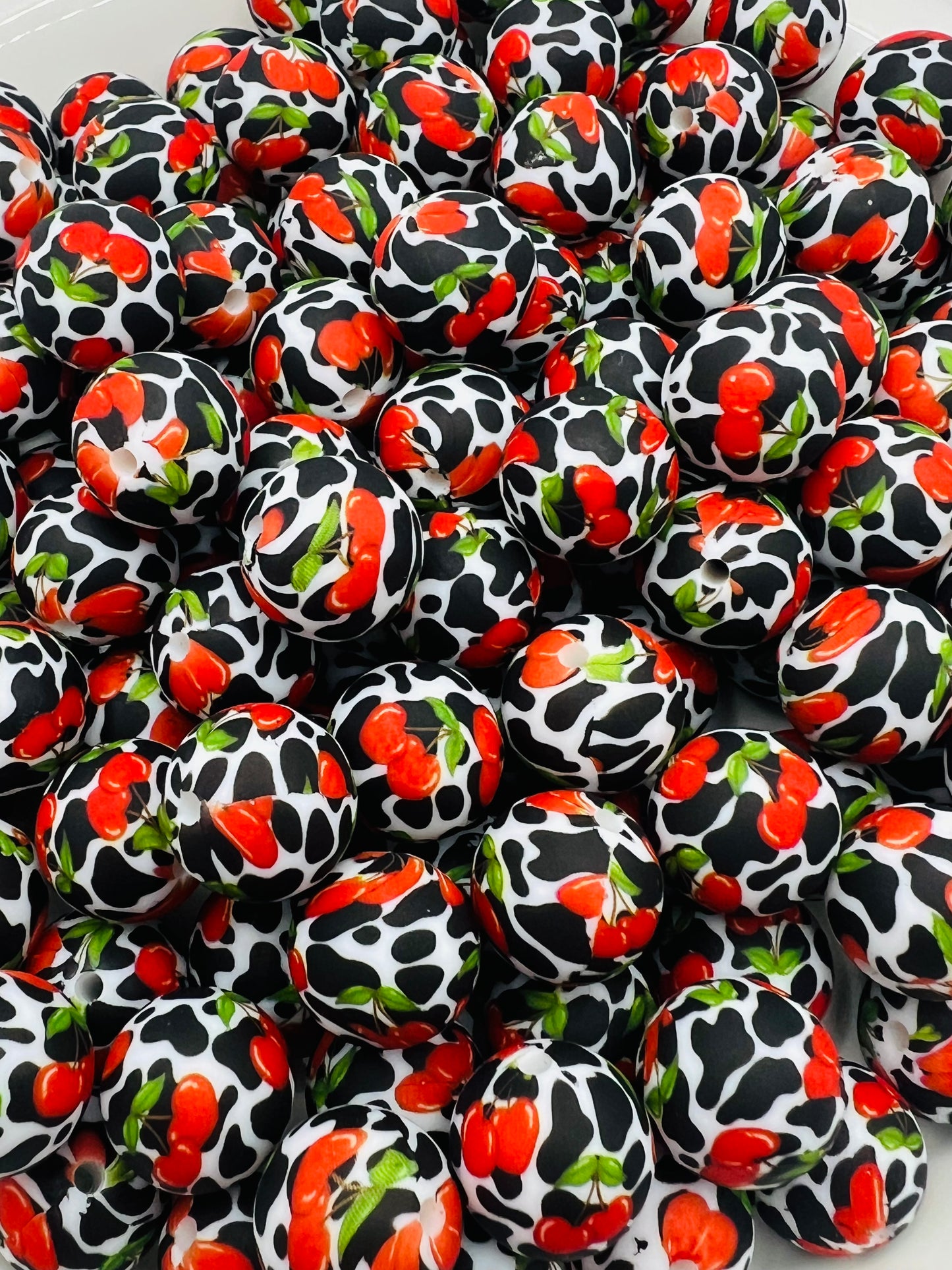15mm cherry cow printed silicone beads EXCLUSIVE