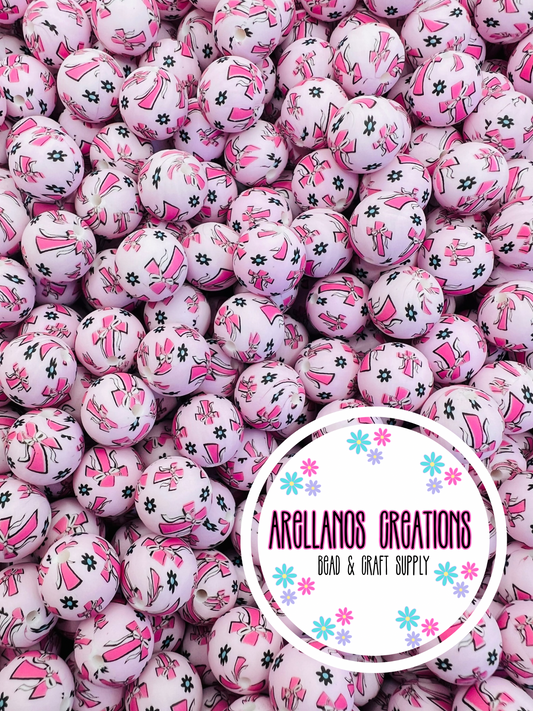 15mm pink bow cross & daisys EXCLUSIVE printed silicone beads