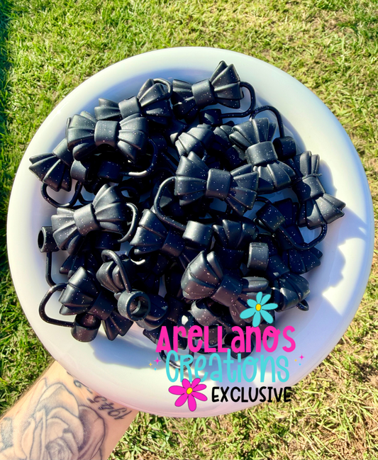 3D black GLITTER ribbed bow straw topper EXCLUSIVE