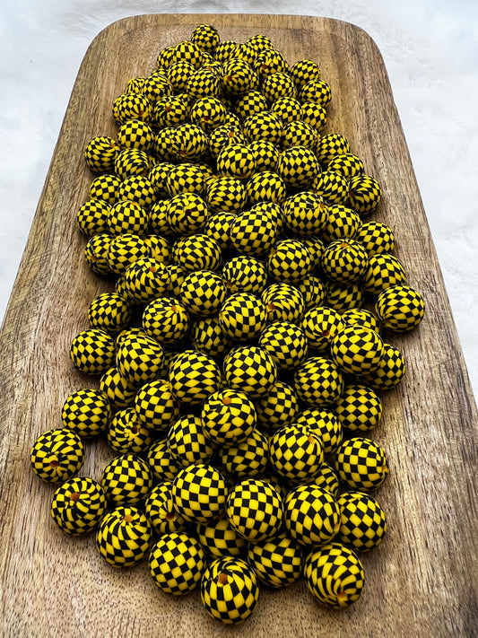 15mm Yellow & black checkered silicone beads