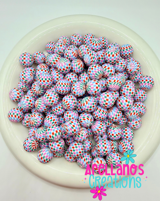 15mm holly jolly checkered printed silicone beads