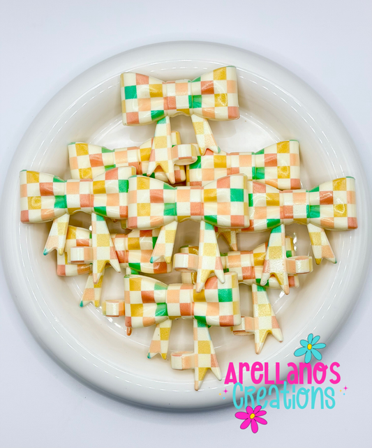 #302 Light Retro Checkered Large Bow Straw Topper (OPAL)