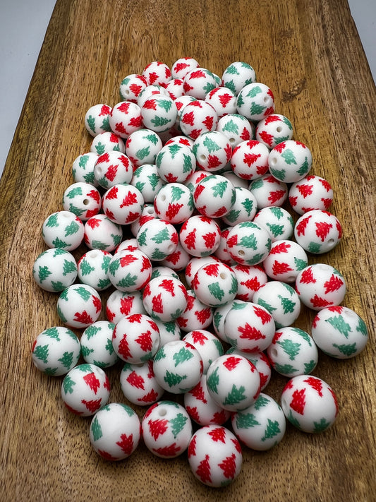 Red & green Christmas tree 15mm silicone beads (sold individually)