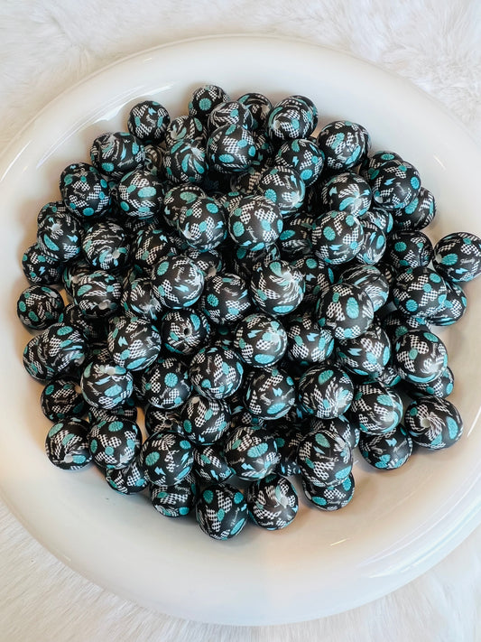 15mm howdy turquoise & bows printed silicone beads