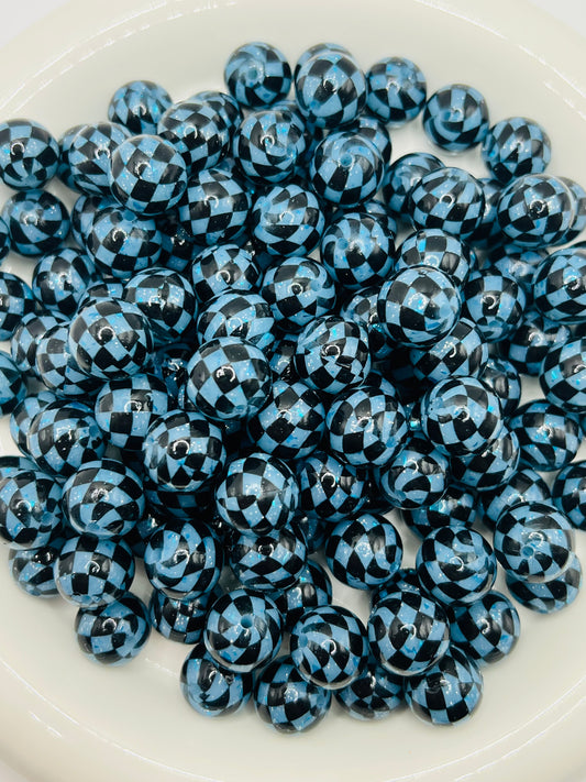 Baby blue glitter liquid checkered silicone beads