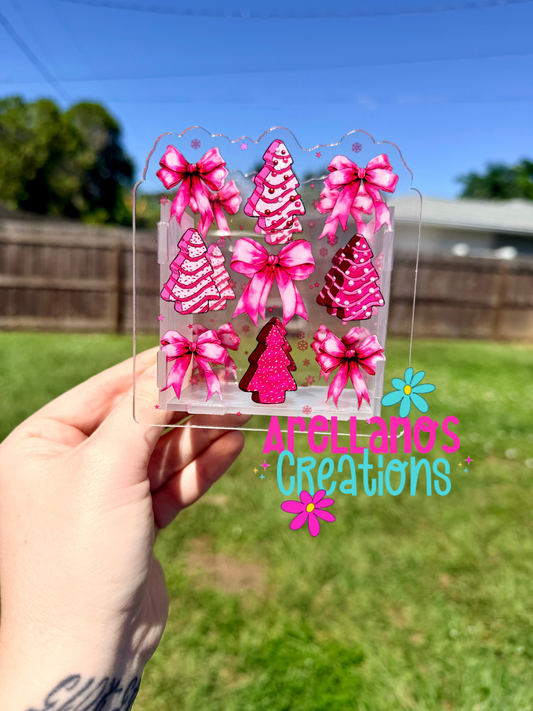 Pink Christmas tree cakes & bows - acrylic pen holder