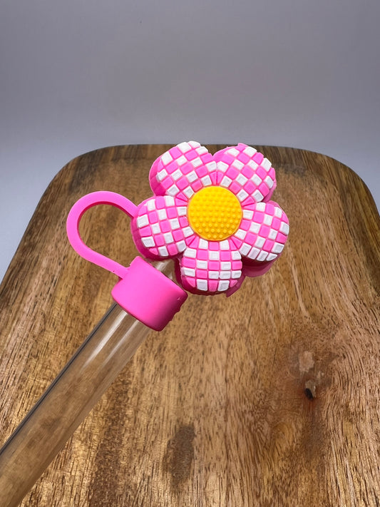 3D pink daisy checkered flower straw topper (PVC)