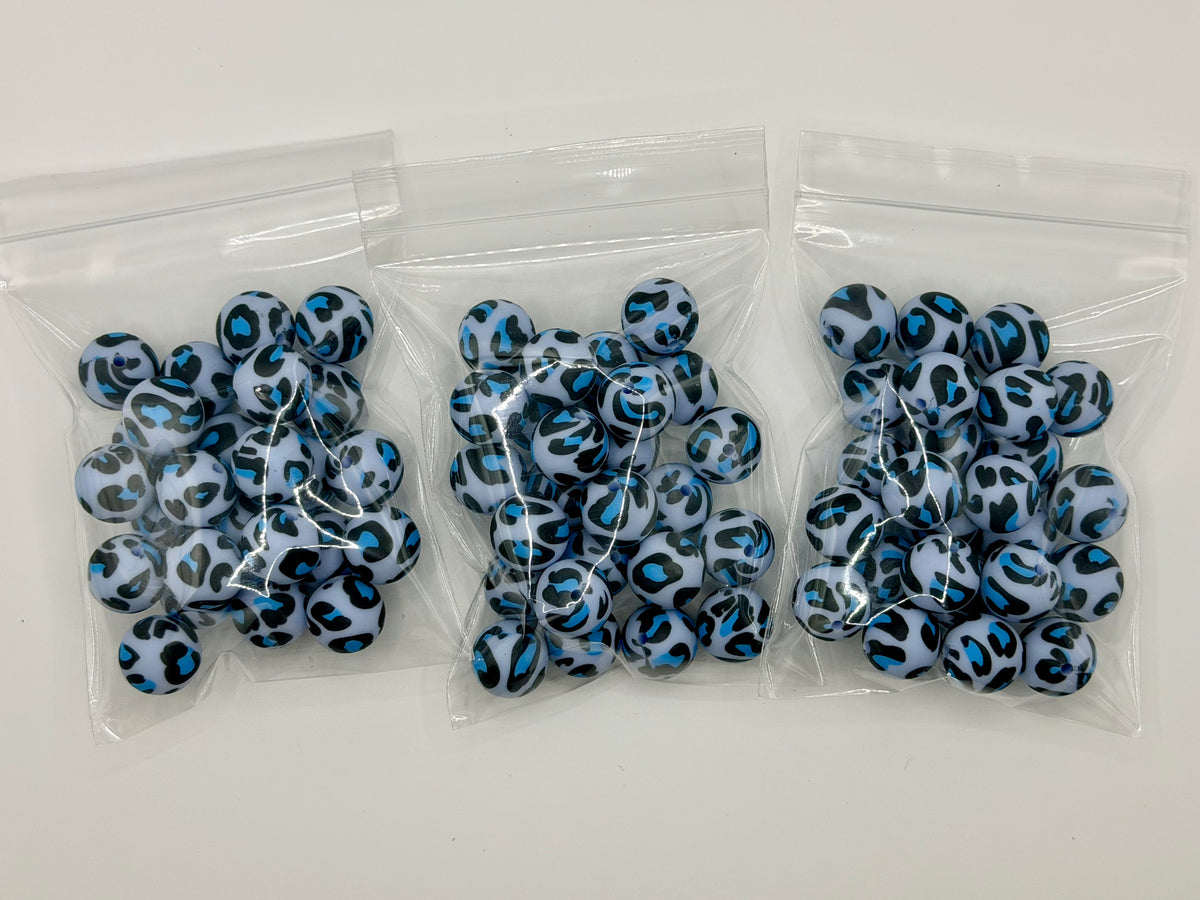 15mm blue cheetah silicone beads 25ct