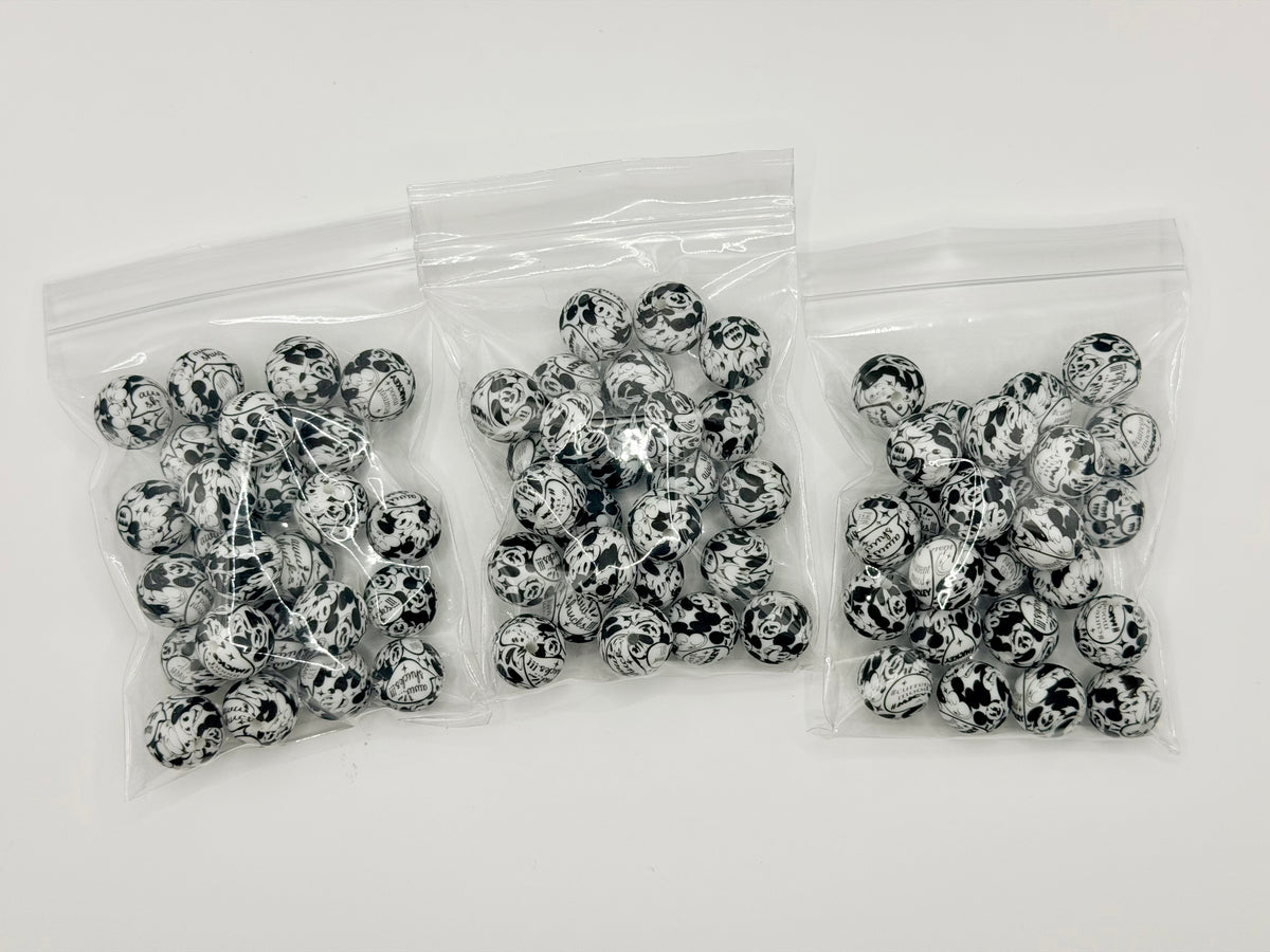B&W vintage mouse 25ct 15mm silicone beads