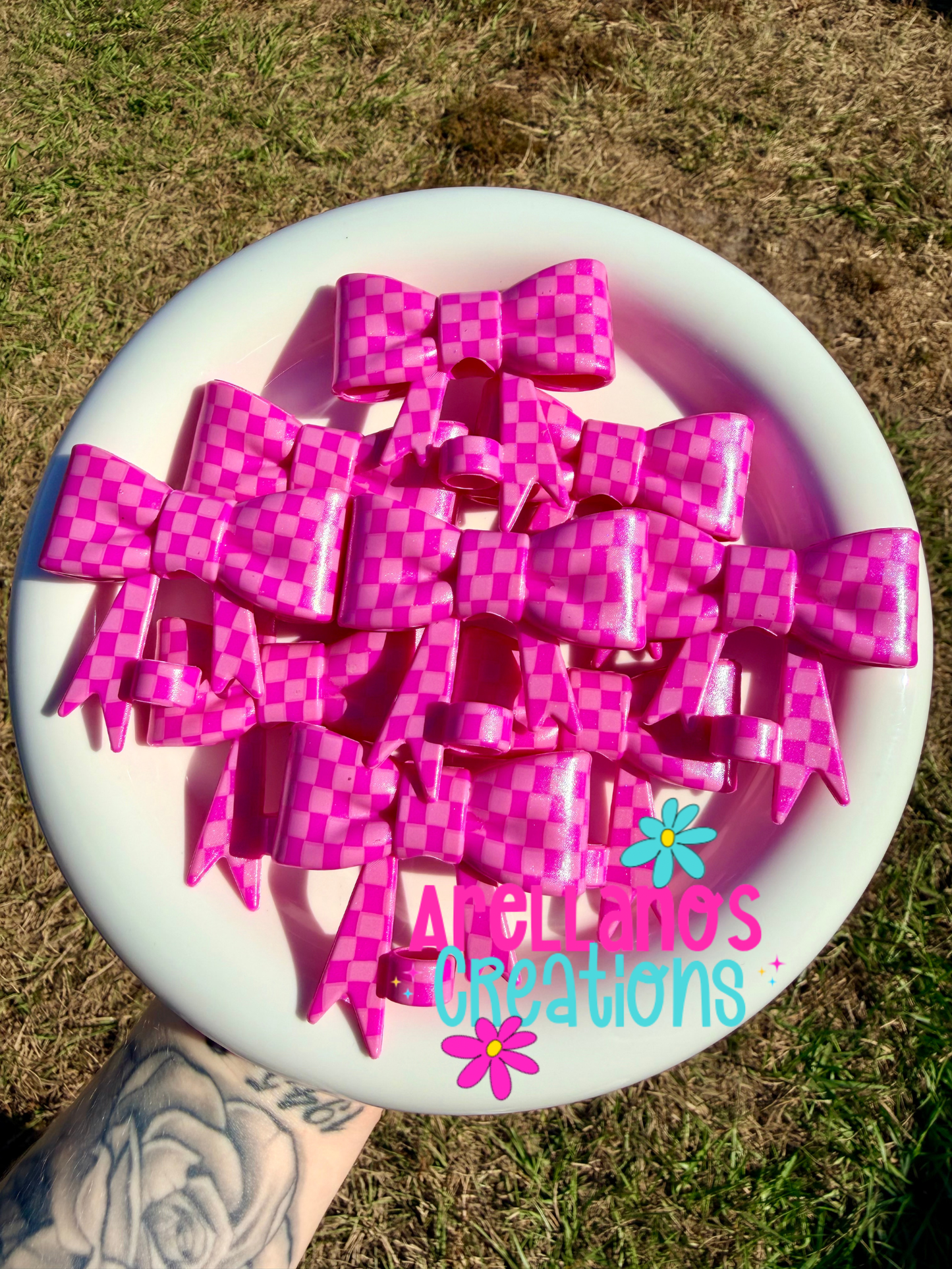 #178 hot pink on pink checkered shiny large bow straw topper CUSTOM