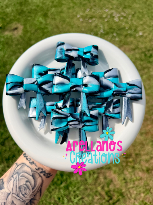 #158 midnight turquoise shiny swirl large bow FOCAL