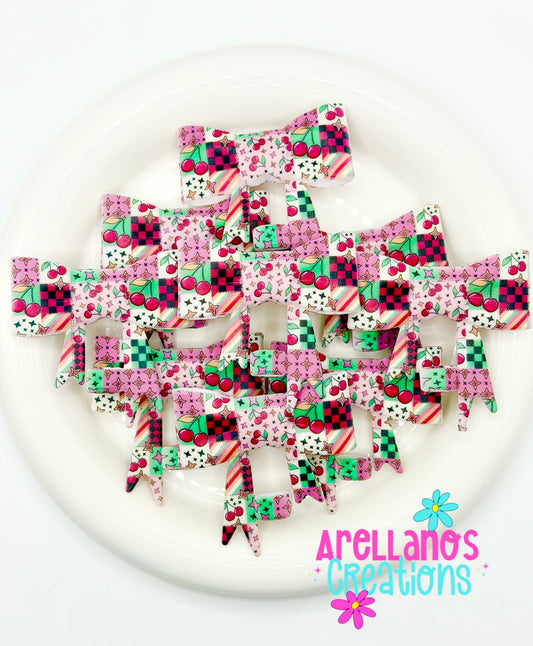 #281 Retro Cherry Patchwork Large Bow Straw Topper (1ct)