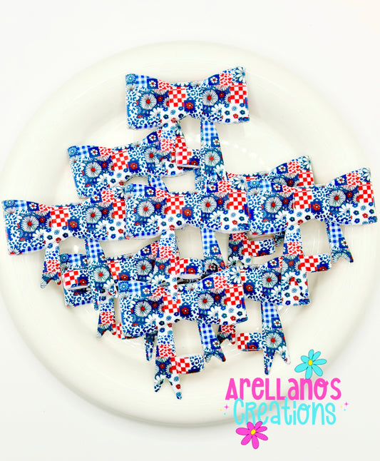 #279 Red White & Blue Floral Patchwork Large Bow Straw Topper (1ct)