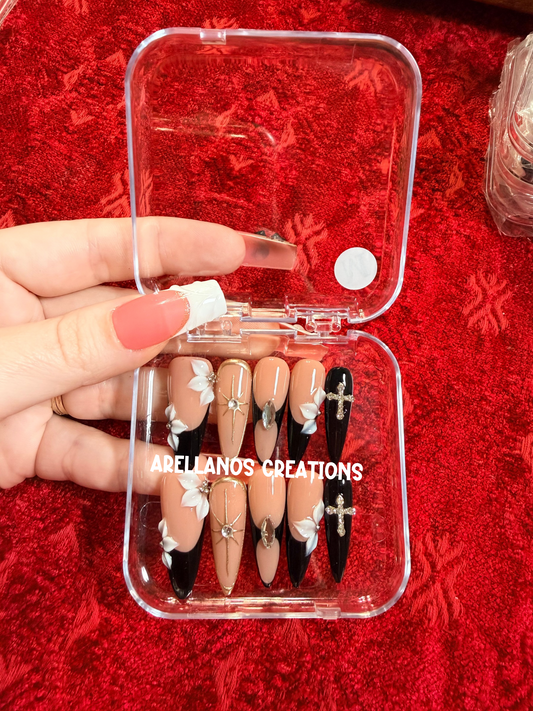 Black French w/ cross jewel stiletto nails - medium size