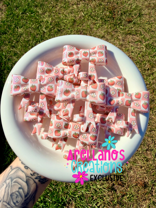 #171 strawberry daisy checkered large shiny bow straw topper EXCLUSIVE