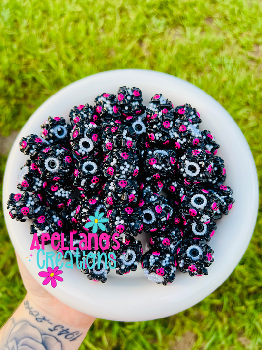 18mm hot pink skully bows - fancy spooky beads