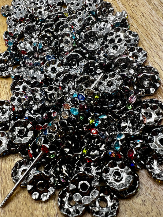 12mm Rainbow Gun Metal Wavy Rhinestone Spacers (Pack of 10)