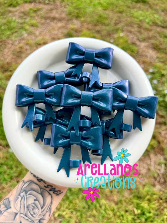 #128 rich steel blue large shiny bow straw topper