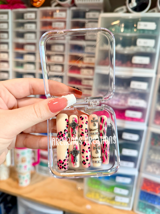 Pink cheetah & cross square nails - medium size