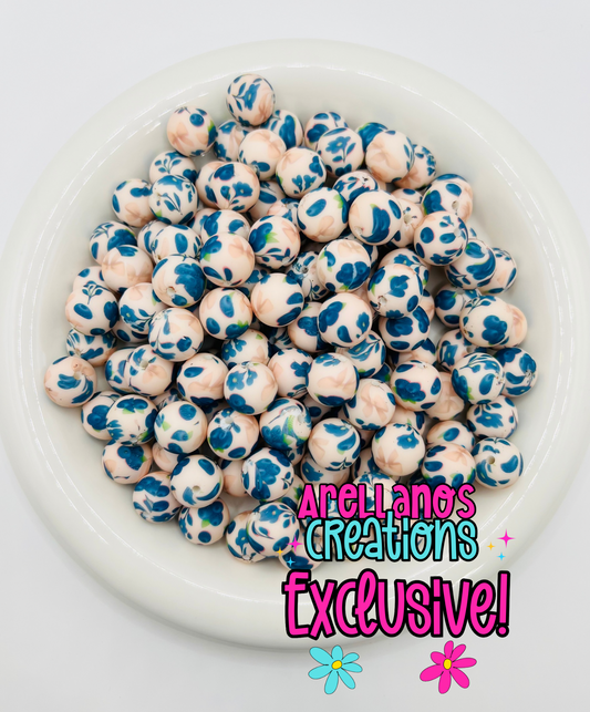 15mm blueberry floral bliss printed silicone beads EXCLUSIVE
