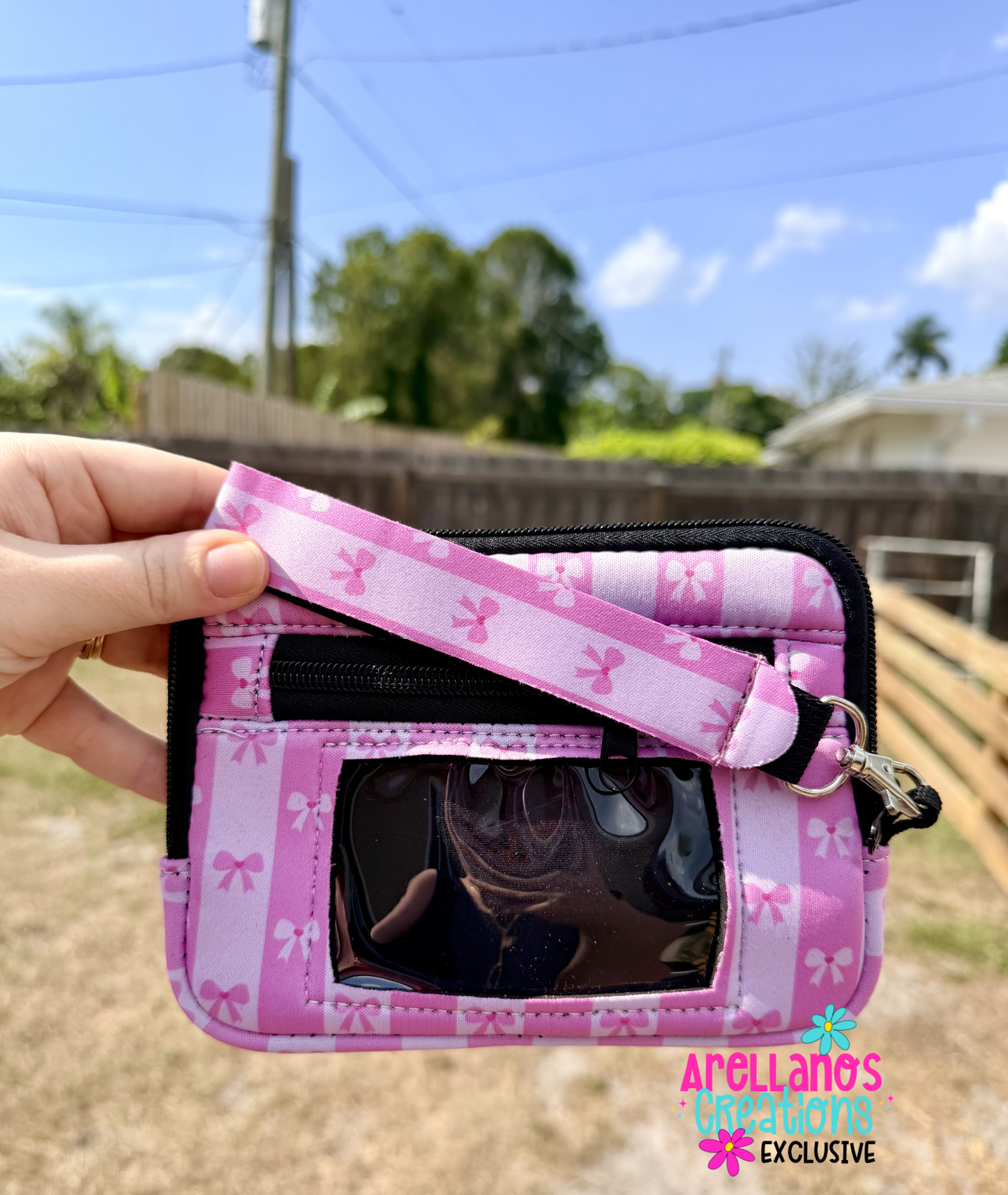 Pink Coquette Bows & Stripes Wristlet Wallet (1ct) EXCLUSIVE
