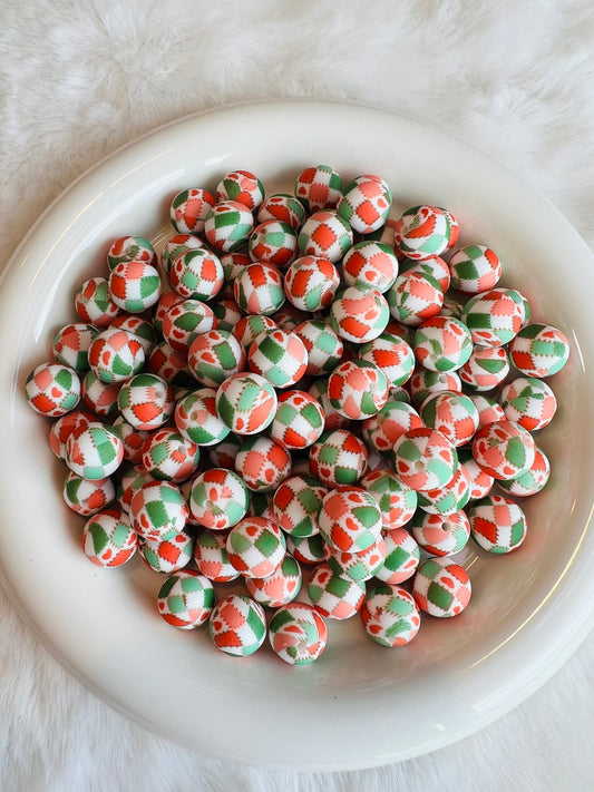 15mm red & green patches printed silicone beads