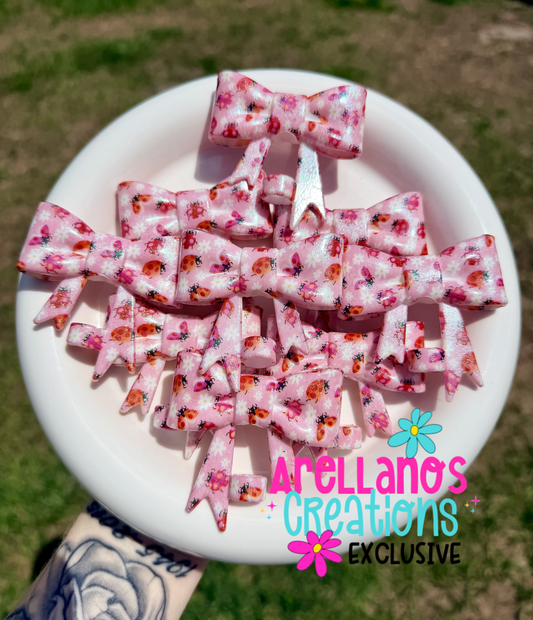 #297 Pink Floral Ladybugs Large Bow Straw Topper (1ct Opal) EXCLUSIVE