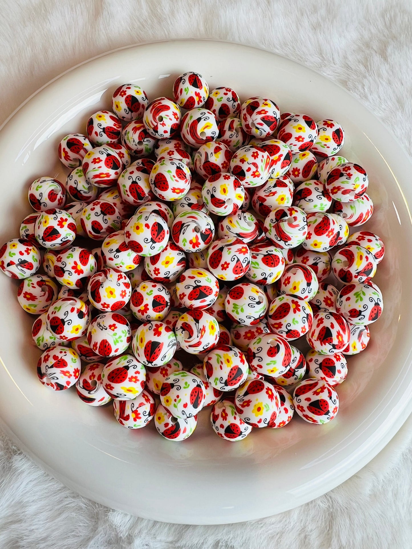 15mm little ms ladybug printed silicone beads